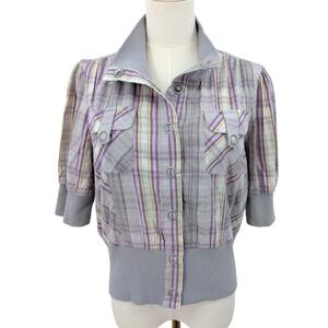 Y2K Plaid Cropped Jacket Ribbed Knit Trim Button Front Indie‎ Retro XL